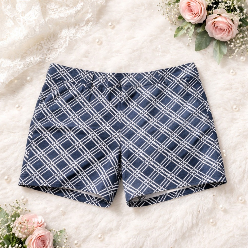 Lands End Womens 20W Chino‎ Shorts Blue White Lattice Print Mid Rise Cotton